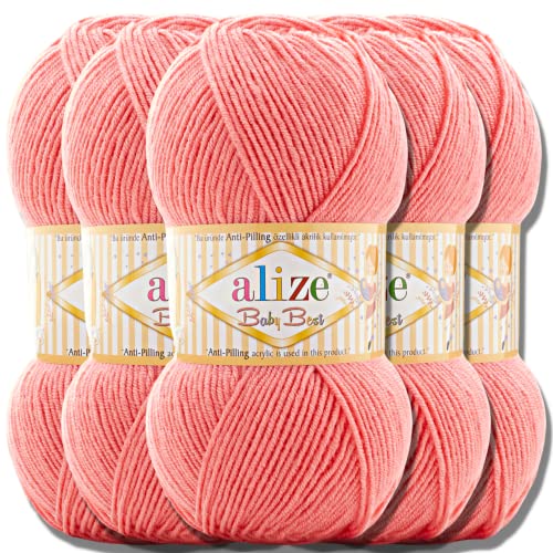 Alize 5x 100g Baby Best Türkische Premium Wolle aus Baumwolle und Acryl Uni Handstrickgarne | Yarn | Garn | Strickgarn Babywolle Einfarbig Baby zum Häkeln Stricken Schals (Dark Coral | 170)