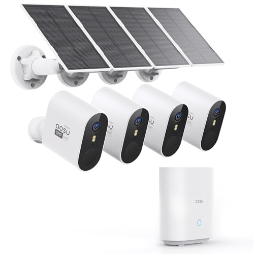 AOSU 5MP Überwachungskamera Aussen Solar Set, Outdoor WLAN Kameras System 4+1, kein ABO - 32G Lokale Aufzeichnung, UHD-Auflösung, Farb-Nachtsicht, 2-Wege-Audio, IP67, Kompatibel mit 2.4G/5G WiFi - 7S