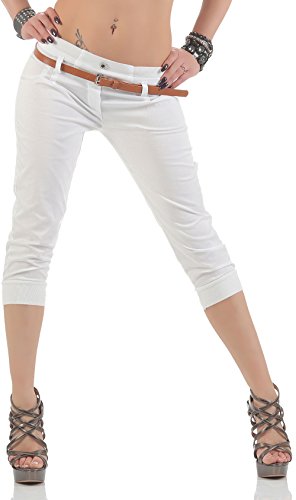 Malito Damen Capri Hose mit Gürtel | Chino Hose mit Stretch | lässige Stoffhose | Skinny - elegant 5398 (weiß, L)