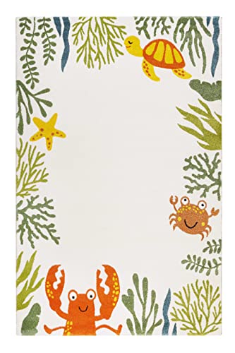 wecon home Moderner Kurzflor Esprit Kinderteppich mit Meerestier- und Pflanzenmotiven - WATERWORLD (160 x 225 cm, beige bunt)