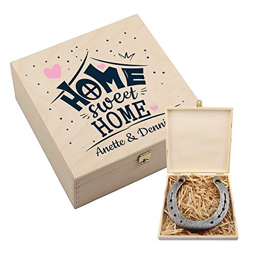 4you Design Personalisierte Hufeisen-Box mit Motiv Home Sweet Home - Glückshufeisen/Glücksbringer - Geschenkidee zum Umzug - Einzugsgeschenk