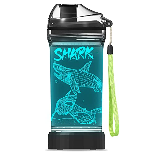 YuanDian Hai Geschenk, Lights Kinder-Wasserflasche mit 3D-Ozeantier-Hai-Design – 14 Unzen Tritan BPA-frei, cooles Hai-Trinkbecher-Geschenk für Kinder