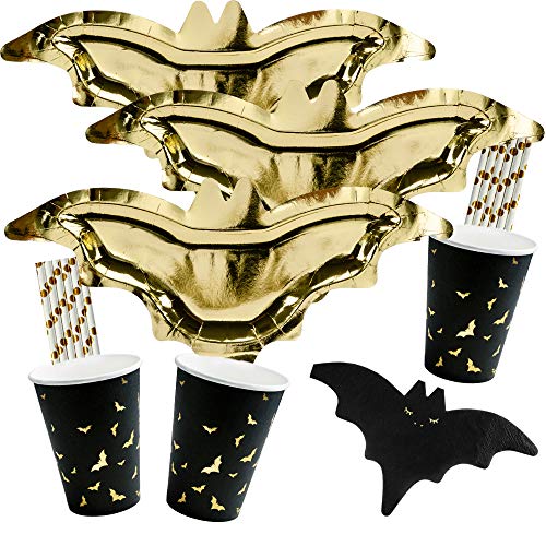 spielum 56-teiliges Party-Set Halloween Fledermaus - Teller Becher Servietten Trinkhalme für 12 Personen