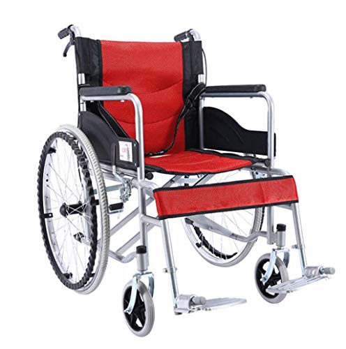 AOLI Faltbaren Rollstuhl, Leicht mit Eigenantrieb Komfortabler Tragbarer Rollstuhl, faltbare Fußpedal, mit Bremse hinten, Handcart für ältere Kinder,rot