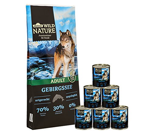 Dehner Wild Nature Hundefutter Set Gebirgssee, getreidefrei/zuckerfrei, für ausgewachsene Hunde, Lachs, 1x Trockenfutter 12 kg, Nassfutter 6 x 800 g Dose