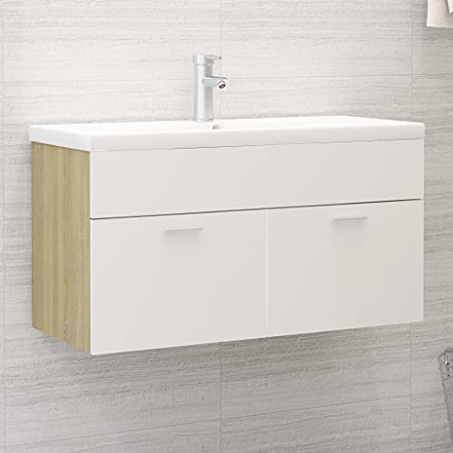 TECHPO Home Hardware Businese Waschbeckenunterschrank, Weiß und Sonoma-Eiche, 90 x 38,5 x 46 cm, Holzwerkstoff