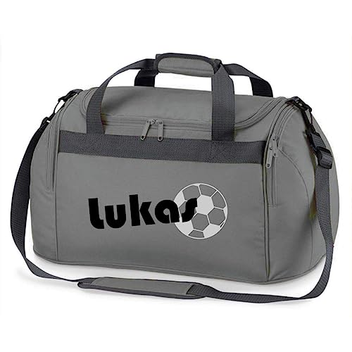minimutz Sporttasche mit Namen | inkl. NAMENSDRUCK | Motiv Fußball | Personalisieren & Bedrucken | Reisetasche Jungen Ball Sport-Verein groß (grau)