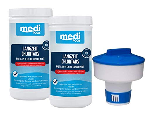 mediPOOL 505601MP Langzeit ChlorTabs 200g, 2 x 1KG, Chlor Langzeittabletten und Dosierschwimmer für 200gr. Tabletten