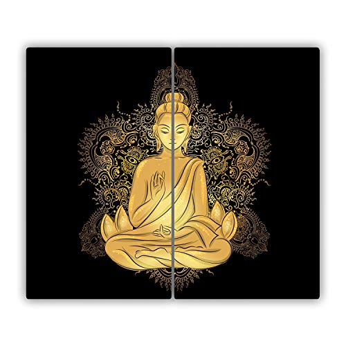 Tulup Schneidebrett 2x30x52 cm Spritzschutz Gelb Kochplattenabdeckung Herdabdeckplatte Gehärtetes Glas Abdeckung - Sitzender Buddha