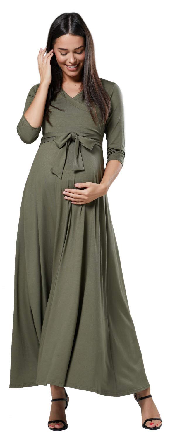 Happy Mama. Damen 2in1 Umstands gerafften Stillkleid Maxikleid 3/4 Ärmel 608p (Khaki, EU 42, XL)