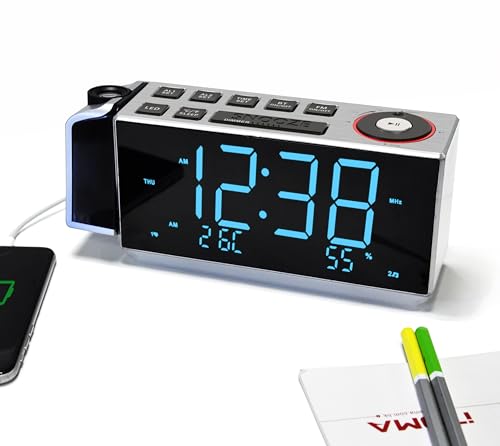 Projektionswecker, iTOMA FM-Dual Alarm-Radiowecker, USB-Aufladung, Digital-FM-Radio, Nachtlicht, 1,8" Ice Blue-LED-Anzeige, Auto & Manual Dimmer (CKS509)