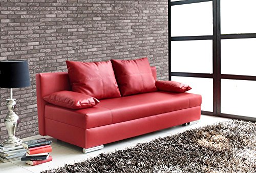 lifestyle4living Schlafsofa in Rot aus Kunstleder | Sofa mit Schlaffunktion und Bettkasten | Pflegeleichte Couch inkl. Rücken- und Armlehnkissen