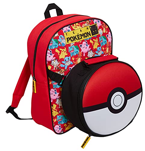 Pokemon Rucksack mit Poke Ball Lunchtasche für Schule Jungen Mädchen Pikachu 2-teiliges Set abnehmbar und isoliert, rot, Einheitsgröße, Rucksack