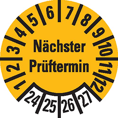 Prüfplakette Nächster Prüftermin, 24-27, gelb, Dokumentenfolie, Ø 10mm, 384/Heft