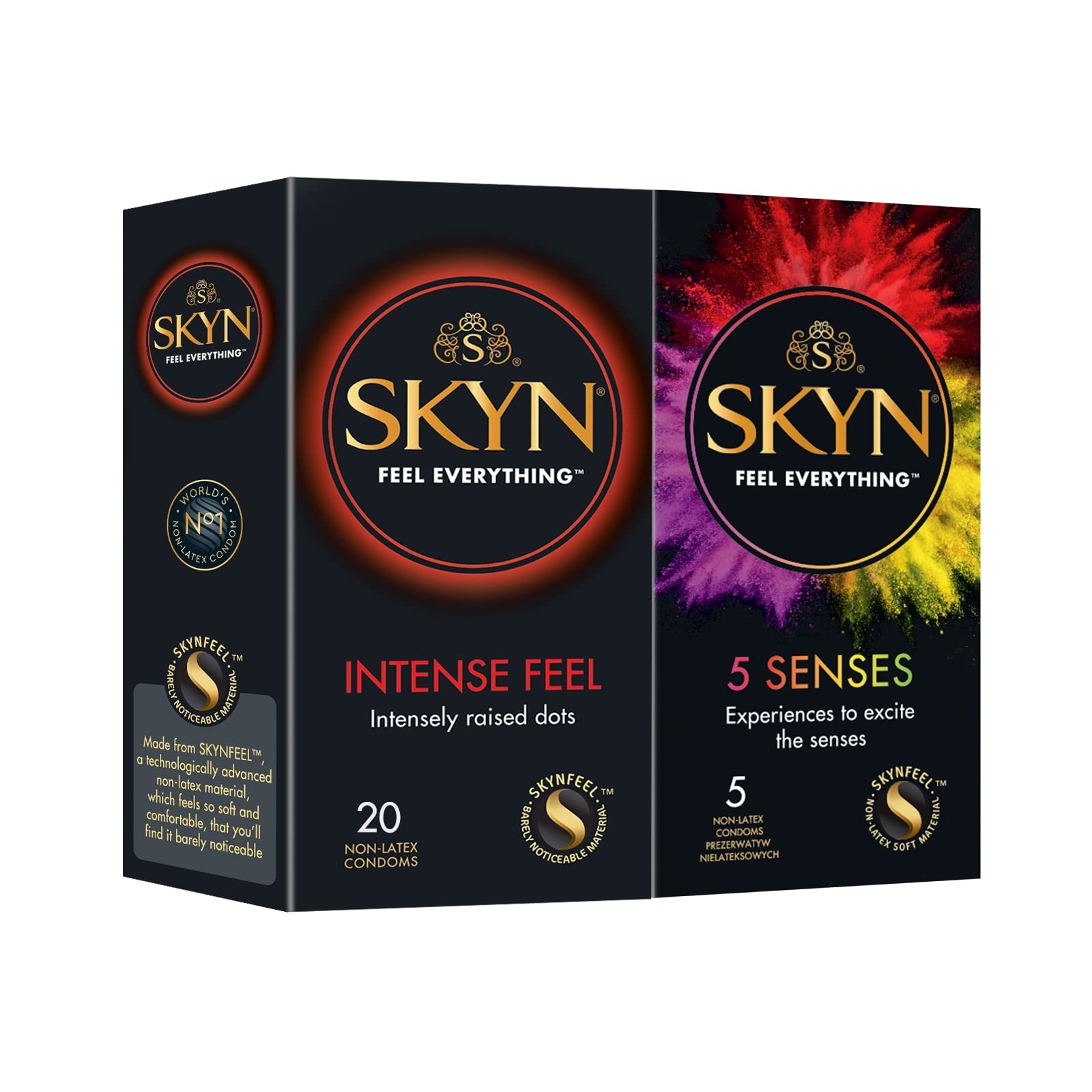 SKYN Intense Feel (20 Stück) & 5 Senses (5 Stück)| Latexfreie Kondome für Männer, Gefühlsecht Hauchzart, Extra Starken Noppen, Stimulierend, Kondome 53mm Breite