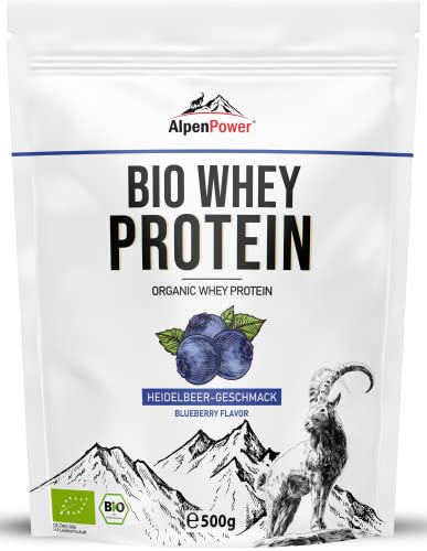 AlpenPower BIO WHEY Protein Heidelbeere 500 g - 100% natürliche Zutaten & ohne Zusatzstoffe - Hochwertiges CFM Eiweiß-Pulver aus bester Bio-Alpenmilch