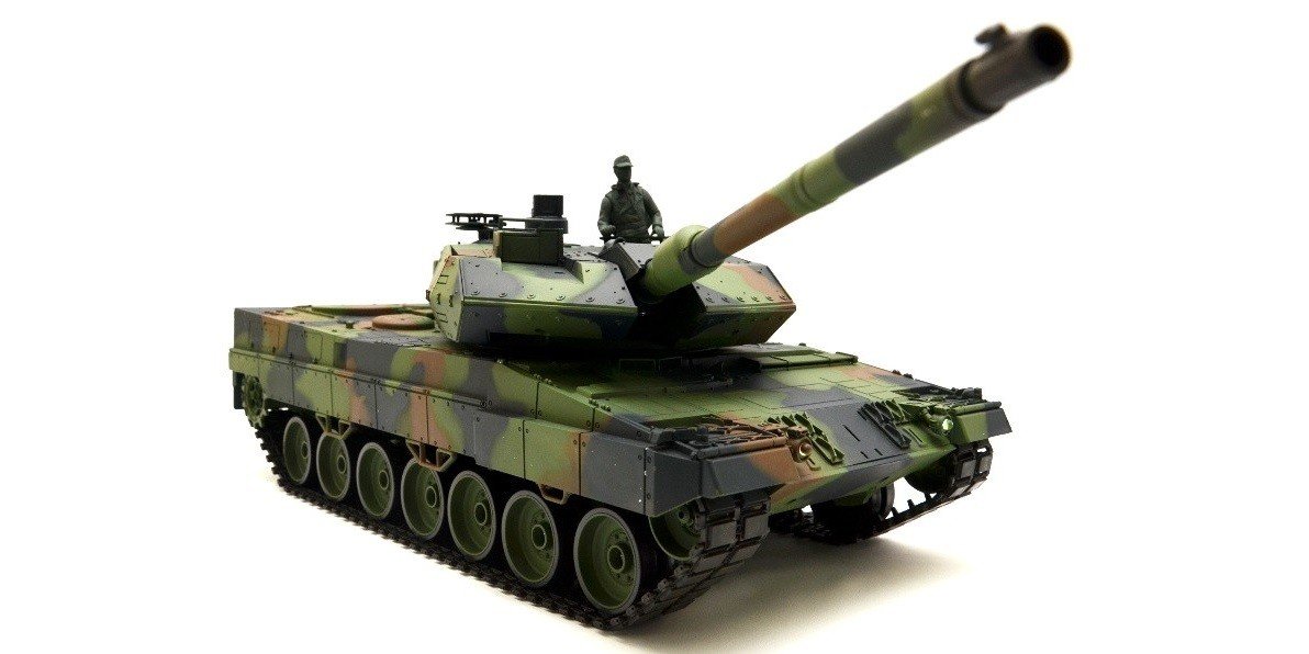 Ferngesteuerter Panzer mit Schussfunktion "German Leopard 2A6" Heng Long 1:16 mit Rauch&Sound und Metallgetriebe -2,4Ghz -V7.0