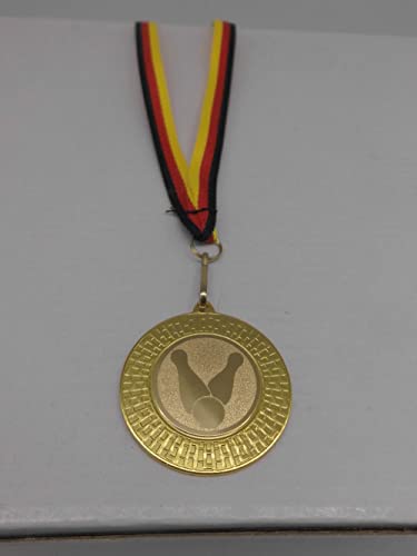 Bowling 20 Stück Medaillen - aus Stahl 40mm - mit einem Alu Emblem, 25mm - Bowlen - inkl. Medaillen Band - Farbe: Gold - Turnier - (9285)