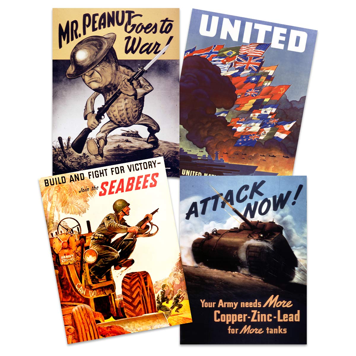 US Military World War 2 Army United Seabees Tank Mr Peanut Home Decor Premium Wall Art Poster Pack of 4 Militär Welt Krieg Heer Panzer Zuhause Deko Wand