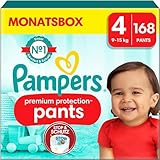 Pampers Baby Windeln Pants Größe 4 (9-15kg) Premium Protection, Maxi mit Stop- und Schutz Täschchen, MONATSBOX, 168 Höschenwindeln