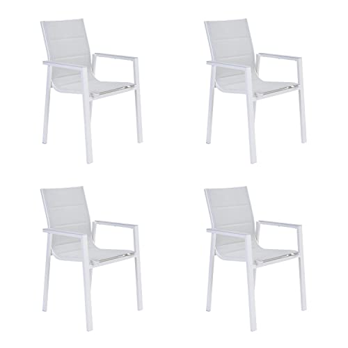 NATERIAL - 4er Set Gartenstühle Orion Gamma II mit Armlehnen - 4 Gartensessel - Stapelbar - Terrassenstühle - Essstühle - Aluminium - Textilene - Weiß