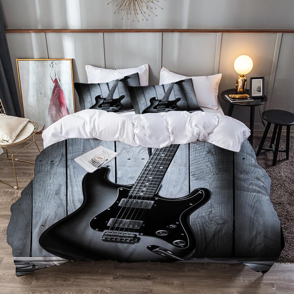 PUCHEN Bettwäsche-Sets 135 x 200 cm,E-Gitarre im Holzzimmer,Bettbezug Set aus gebürsteter Mikrofaser 2X Kissenbezug 80x80 cm