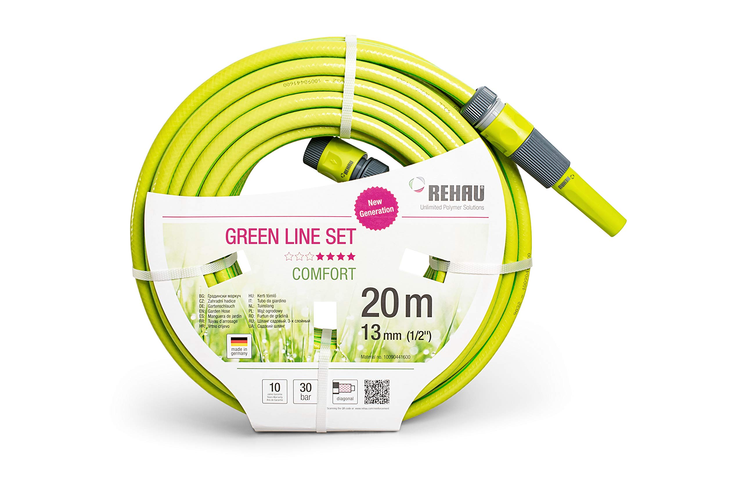 REHAU Gartenschlauch Green LINE 1/2 Zoll 20m mit Armaturen: leuchtendes grün, flexibel + druckfest + formstabil