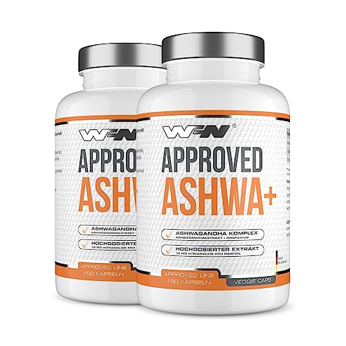 WFN Approved Ashwa + 2x 180 Ashwagandha Kapseln - Extrakt hochdosiert mit 10% Withanolide - Mit Magnesium Bisglycinat - Vegan & Ohne Zusätze -180 Portionen - In Deutschland produziert