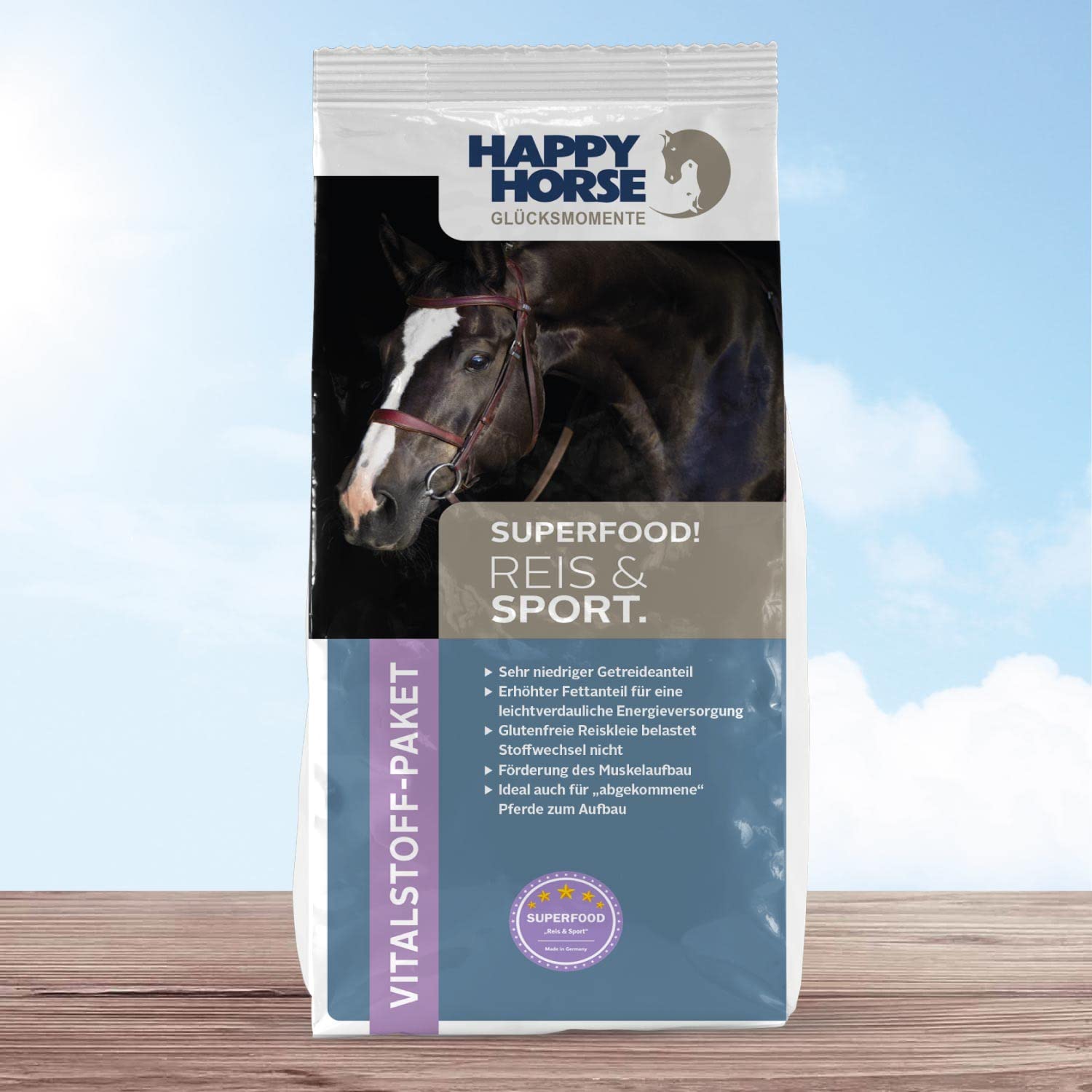 HAPPY HORSE Superfood Reis & Sport Pferdefutter 14kg - Vitalstoffversorger der neuen Generation - Sehr niedriger Getreideanteil - Glutenfreie Reiskleie - Förderung des Muskelaufbau