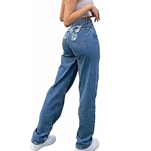Yokbeer High Waist Boyfriend Jeans Damen, 90er Y2K Butterfly Muster Weite Straight Bein Blaue Hosen Jeans (Color : Blue, Size : M)