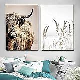 XIANGY Schottisches Highland Kuh Leinwand Malerei Weizen Pflanze Hochlandrind Schwarz Weiß Poster Kunstdruck Bild Wand Wohnzimmer Schlafzimmer Dekor ohne Rahmen (2X50x70cm)