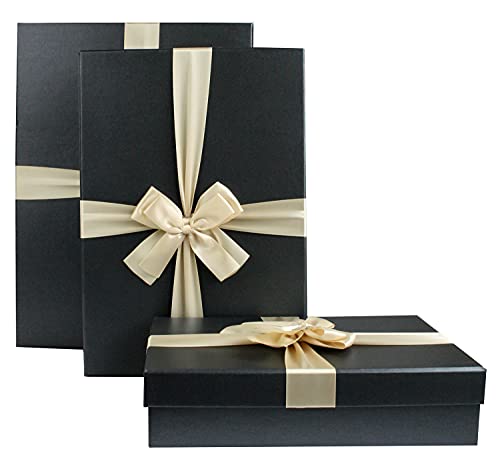 Emartbuy Set von 3 Starre Geschenkbox, Schwarze Box mit Deckel, Innenseite Bedruckt und Creme Band