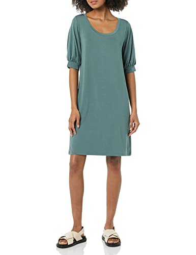 Amazon Aware Damen T-Shirt-Kleid aus Modal mit ellenbogenlangen Puffärmeln (in Übergröße erhältlich), Dunkelgrün, S