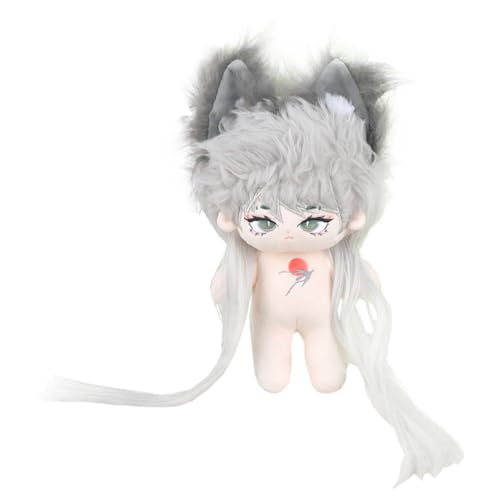 niannyyhouse Grau-weiße Katzenohren Junge Gefüllter Körper 20cm Plüsch Puppe Tragbare Kleidung (1-Ohne Skelett)