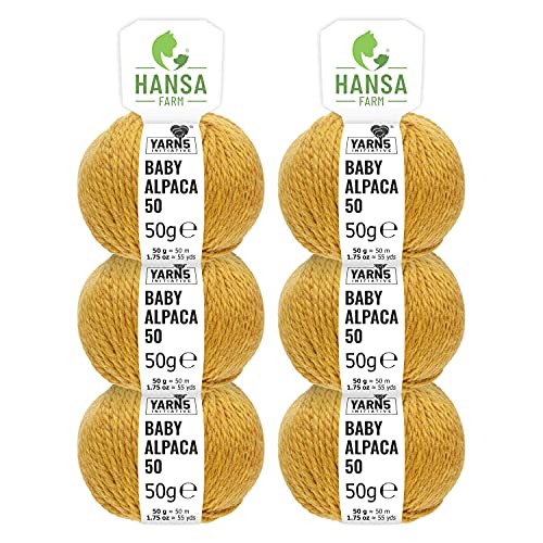 HANSA-FARM | 100% Baby Alpakawolle in 50+ Farben (kratzfrei) - 300g Set (6 x 50g) - weiche Alpaka Wolle zum Stricken & Häkeln in 6 Garnstärken by Hansa-Farm - Senfgelb Heather (Gelb)