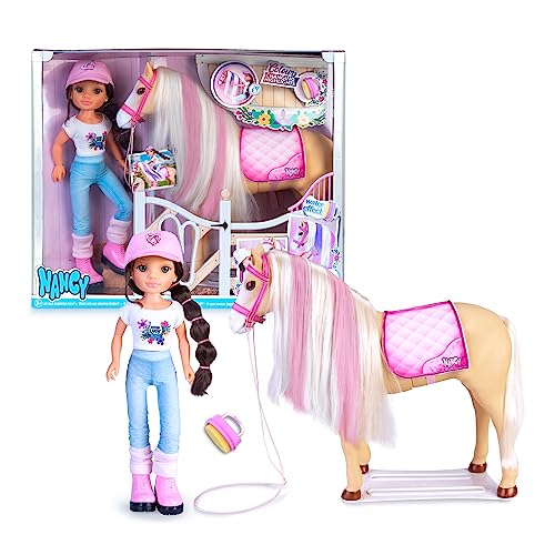 Nancy - Eines Tages mit ihrem Pferd, Fashion Puppe und Pferd, Pflegezubehör, Bürste-Schwamm Ändern der Haarfarbe Mähne, Jungen und Mädchen ab 3 Jahren, Berühmt (NAC49000)