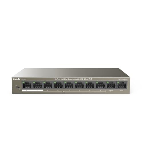 Tenda 10-Port PoE Switch mit 8 PoE+ Ports & 2 Uplink-Ports, 10/100 Mbit/s Fast Ethernet Netzwerk Switch (QoS, VLAN, IEEE 802.3af/at, 58W PoE+ Switch, 250m Übertragungsreichweite) (TEF1110P-8-63W)
