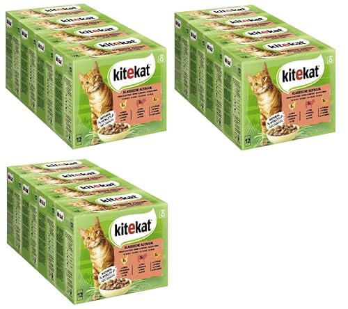KITEKAT Portionsbeutel Multipack Katzenfutter Nassfutter (3x4 12x85g, Klassische Auswahl in Sauce)