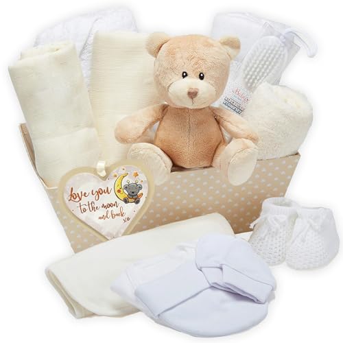 Neuer Babyparty Geschenkkorb - mit Fleece, Kapuzenhandtuch, Babykleidung, 2 Mulltüchern und süßem braunem Teddybär