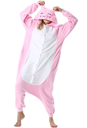 ULEEMARK Damen Herren Jumpsuit Onesie Tier Fasching Halloween Kostüm Lounge Sleepsuit Cosplay Overall Pyjama Schlafanzug Erwachsene Unisex Rosa Schwein for S