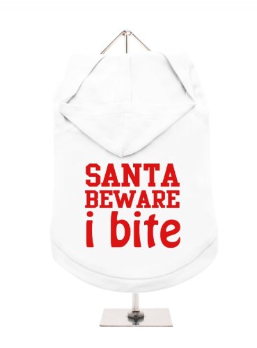 '"Christmas: Santa Beware I Bite" UrbanPup Hunde-Hoodie Kapuzenpullover (weiß/rot)