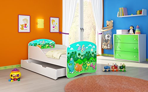 Kinderbett Jugendbett Komplett mit einer Schublade und Matratze Lattenrost Weiß ACMA I (160x80 cm + Bettkasten, 30 Dino)