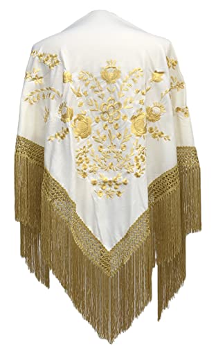 La Senorita Spanischer Manton Tuch Schal creme weiß mit goldenen Blüten und Fransen Größe: Large 190 * 90 cm für Damen