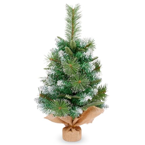 himaly 60cm 2ft Kleiner PVC Weihnachtsbaum mit 60 Blattspitzen aus Kiefernnadeln, Mini Tisch künstlicher Weihnachtsbaum in Weiß sprühen, Leinenbaumwolle und Zementbasis für Weihnachtsdekorationen