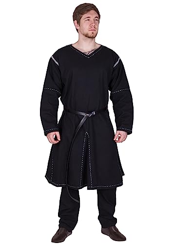 Battle-Merchant | Mittelalter Tunika Askur | LARP Wikinger Kleidung aus Baumwolle für Herren (Schwarz, S)