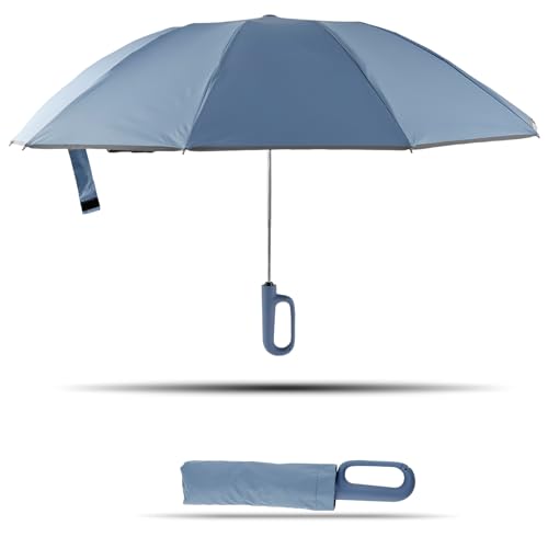 Reise Regenschirm Ringschnalle mit reflektierender Sicherheitsstreifen kompakt automatisch offen und dichtes Regenschirm Windschutz tragbarer Rückwärtsklappschirm(Dunstblau)