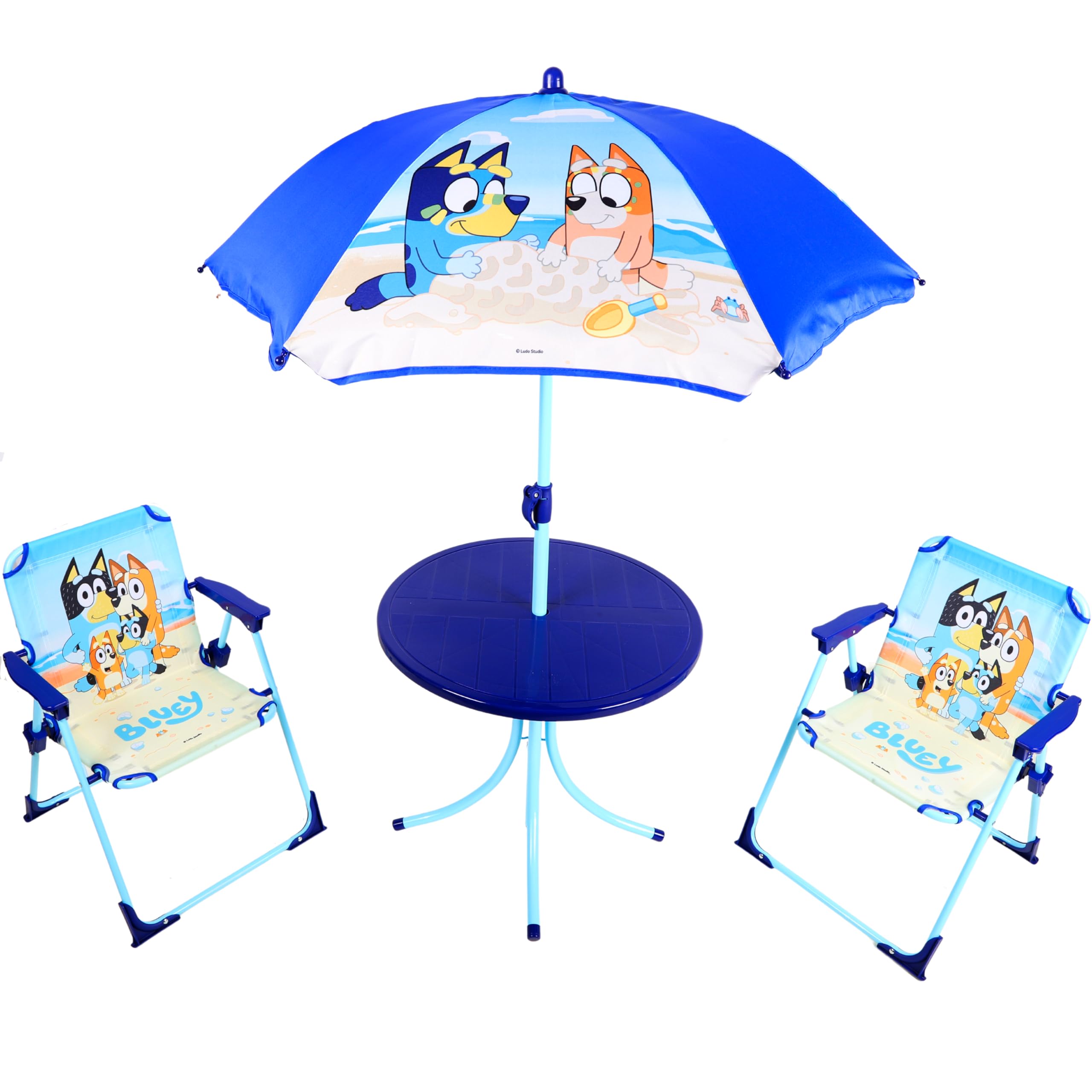 Toyland® Bluey & Bingo Terrassenset mit Tisch und Stühlen – 1 Tisch, 2 Stühle und 1 Sonnenschirm – Kindermöbel für drinnen und draußen – perfekt für Strand und Garten