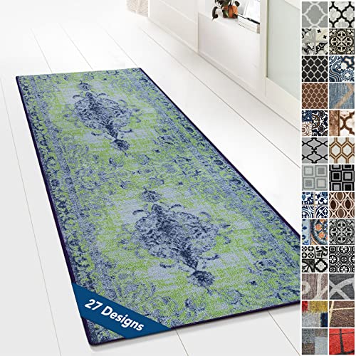 Teppichläufer mit Muster - maßgefertigter Feinschlingen Teppich Läufer für Küche, Flur & Wohnraum - Ornament Vintage Orient Gitter (80 x 500 cm, Palau Blau)