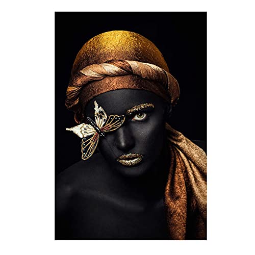 Moderne Nordic Leinwand Malerei Schwarz Afrikanische Frau Goldene Lippen Wandkunst Poster Drucken Wandbild Für Wohnzimmer Dekoration 60x80 cm Rahmenlos
