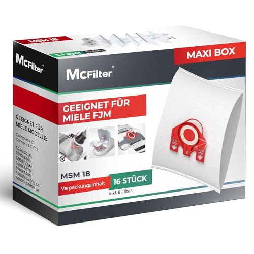 McFilter | 16 Staubsaugerbeutel geeignet für Miele Staubsauger FJM | passend für S511, S512-1, S548 Plus | Staubbeutel inkl. 8 Filter mit automatischem Staubverschluss | MAXI BOX